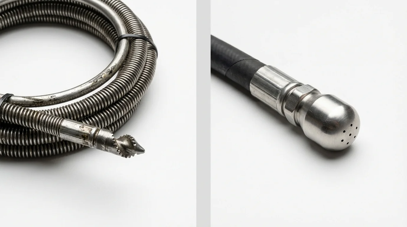 Drain snake cable and hydro jetting nozzle used for drain cleaning in New Carlisle, IN