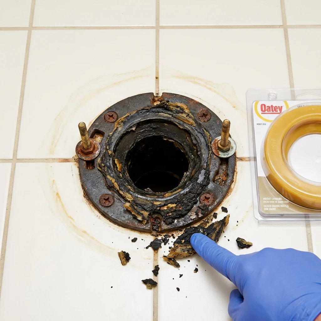 Failed wax ring showing water seepage at the base of a toilet in a New Carlisle, IN home