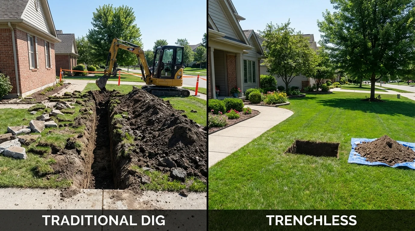 Trenchless sewer repair with minimal yard damage versus traditional excavation in New Carlisle, IN