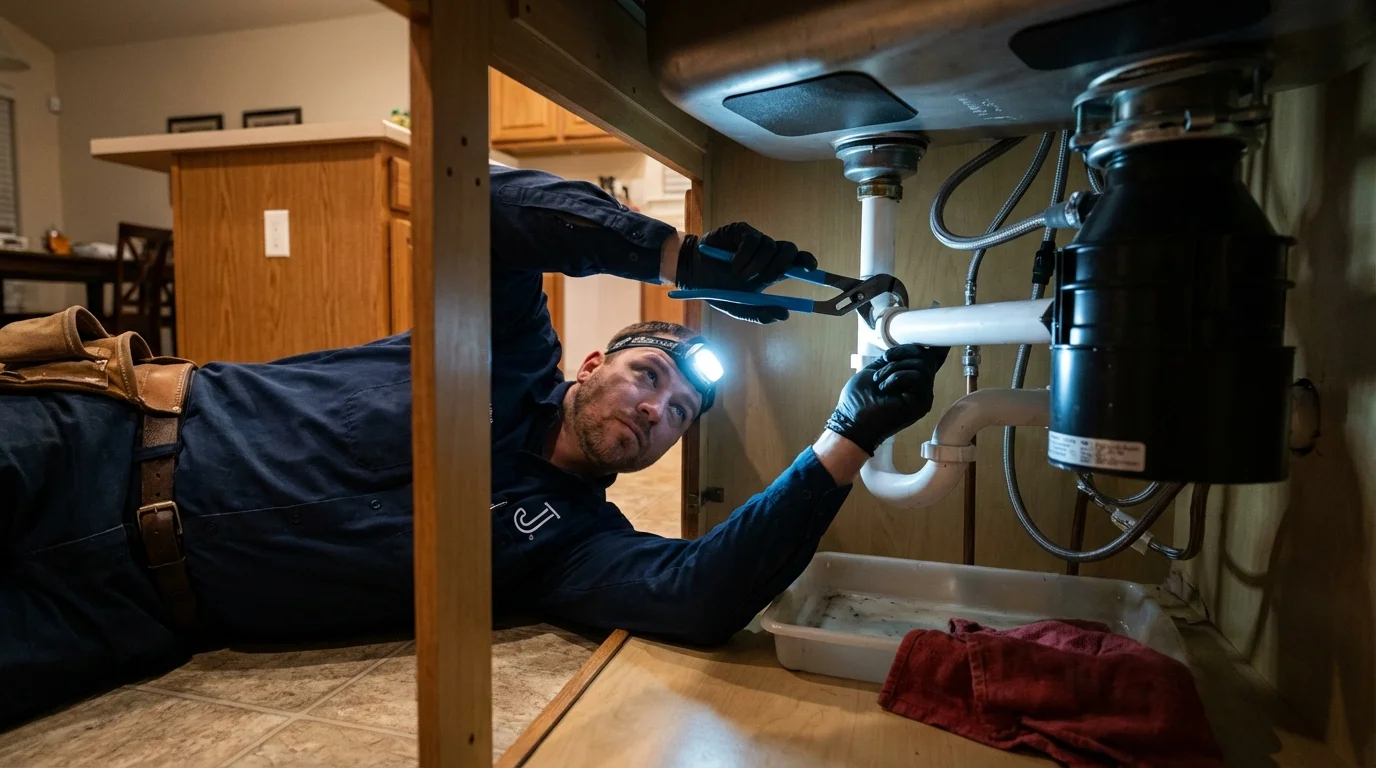P-trap and supply line connections under a kitchen sink showing a common leak point in New Carlisle, IN